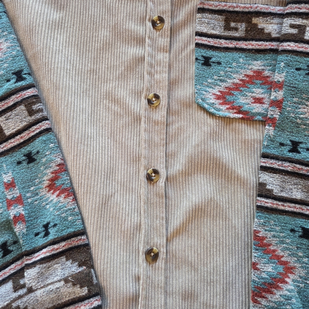 BKE Beige / Tan Corduroy Button Down Shacket  Shirt Aztec Accents Size Large - Picture 7 of 9